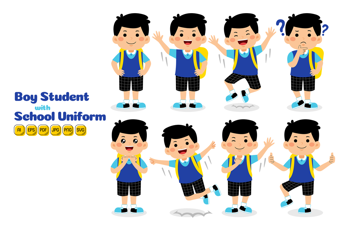 Boy Student with School Uniform Vector Pack #01