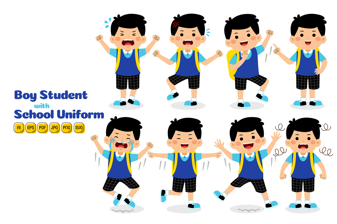 Boy Student with School Uniform Vector Pack #02