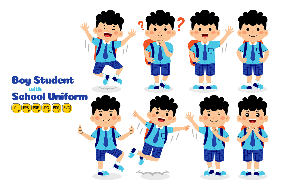 Boy Student with School Uniform Vector Pack #03