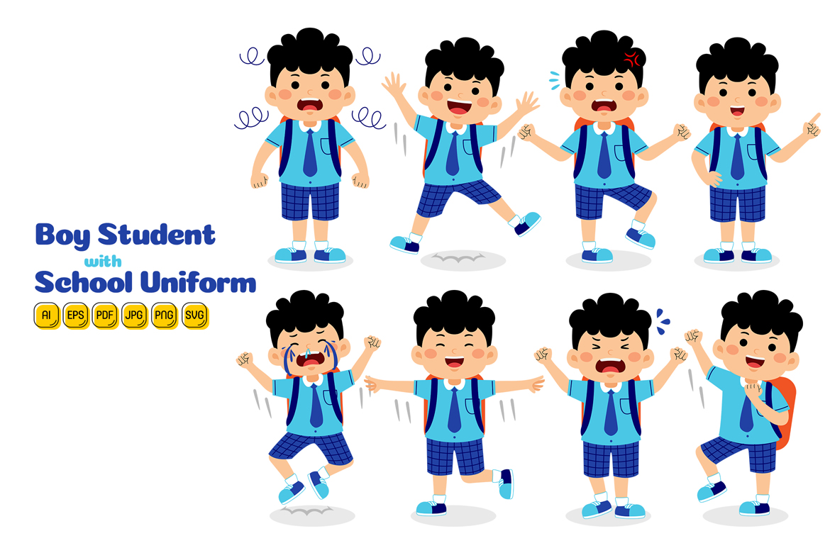 Boy Student with School Uniform Vector Pack #04