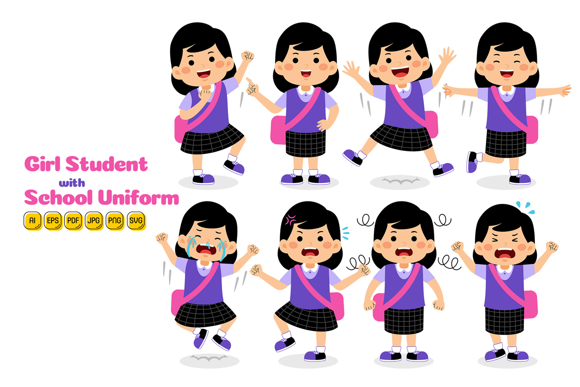 Girl Student with School Uniform Vector Pack #01