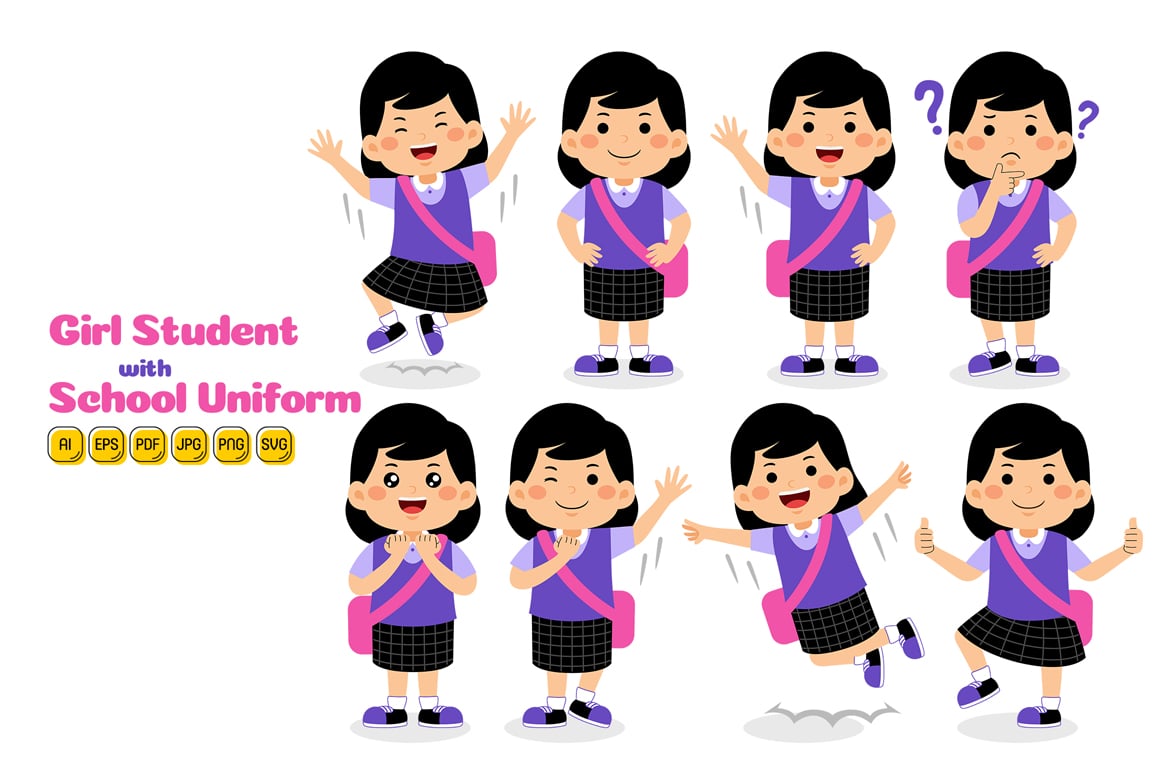 Girl Student with School Uniform Vector Pack #02