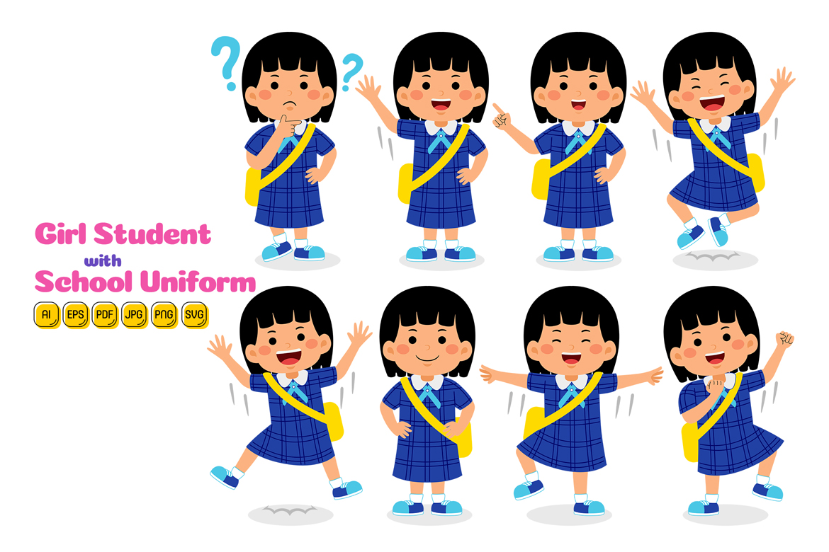 Girl Student with School Uniform Vector Pack #03