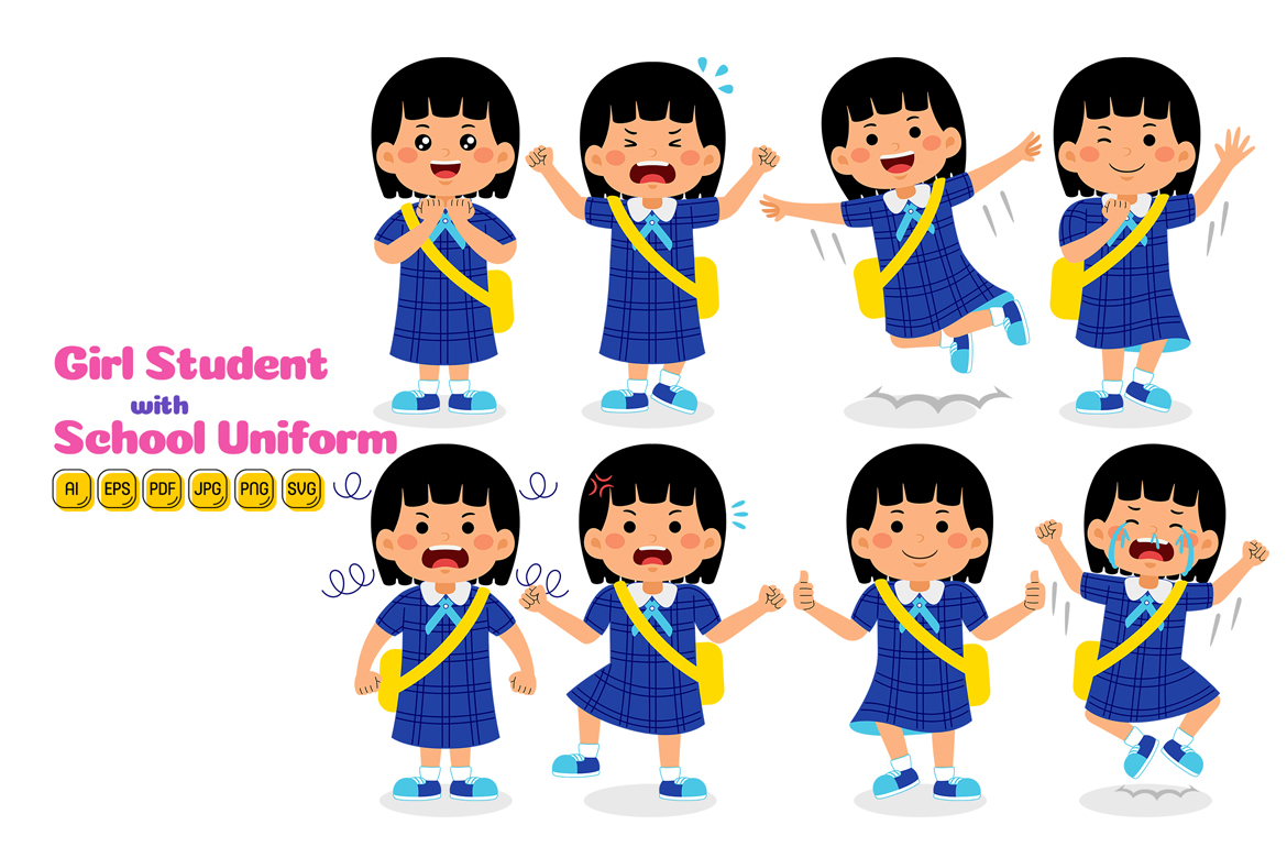 Girl Student with School Uniform Vector Pack #04