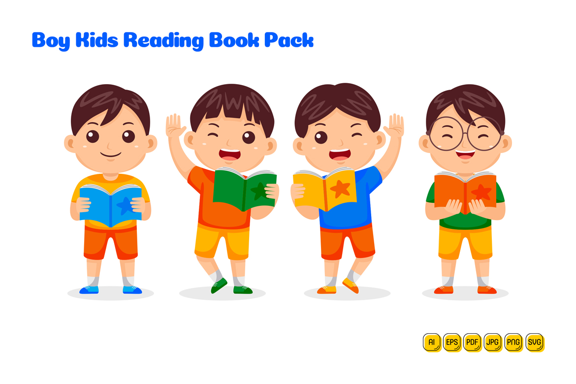 Boy Kids Reading Book Vector Pack #01