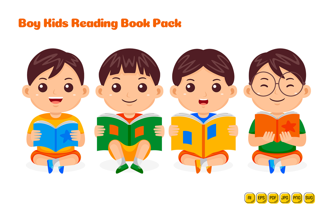 Boy Kids Reading Book Vector Pack #03
