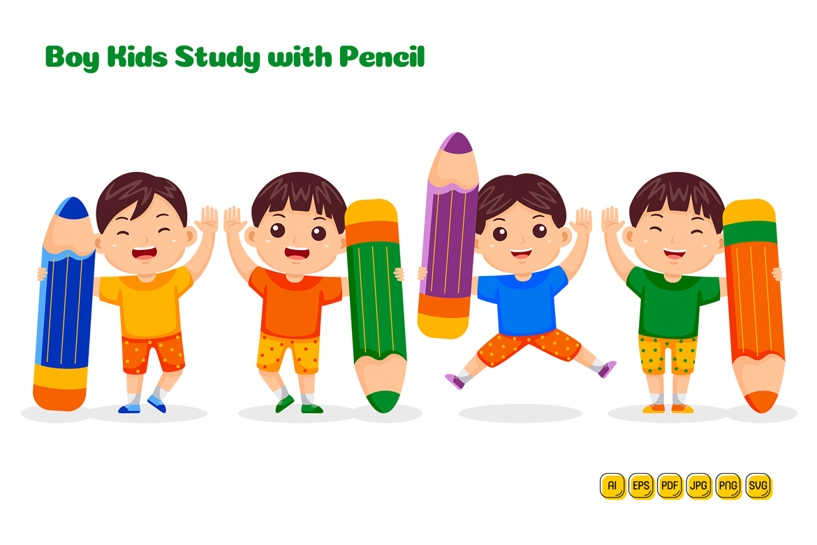 Boy Kids Study with Pencil Vector Pack #01