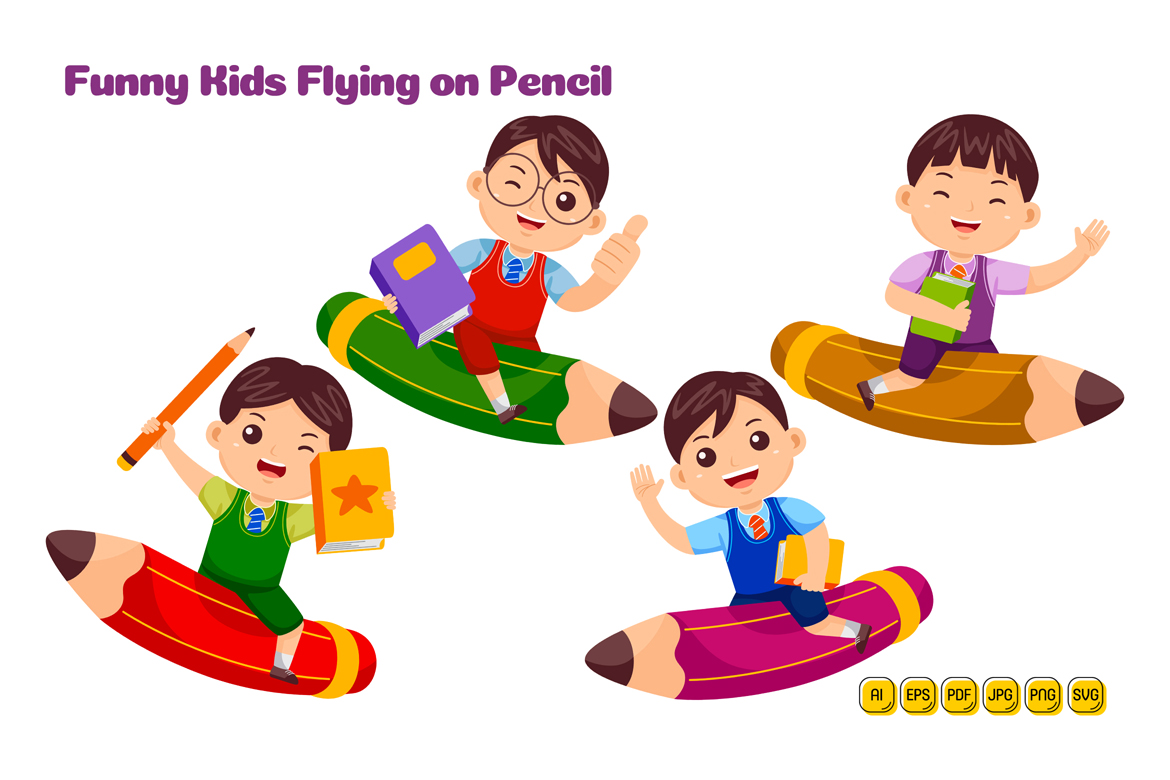 Boy Kids Study with Pencil Vector Pack #02