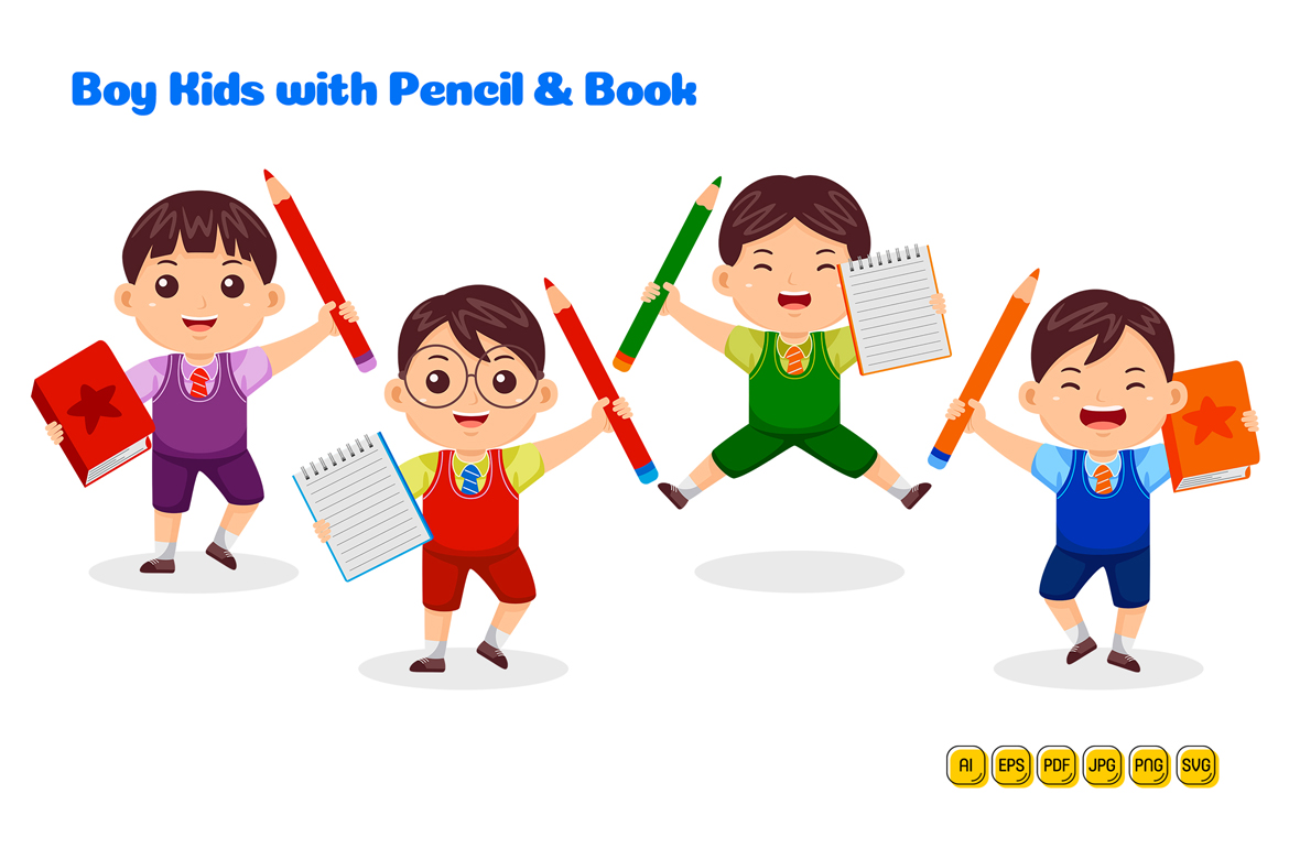 Boy Kids Study with Pencil and Book Vector Pack #02