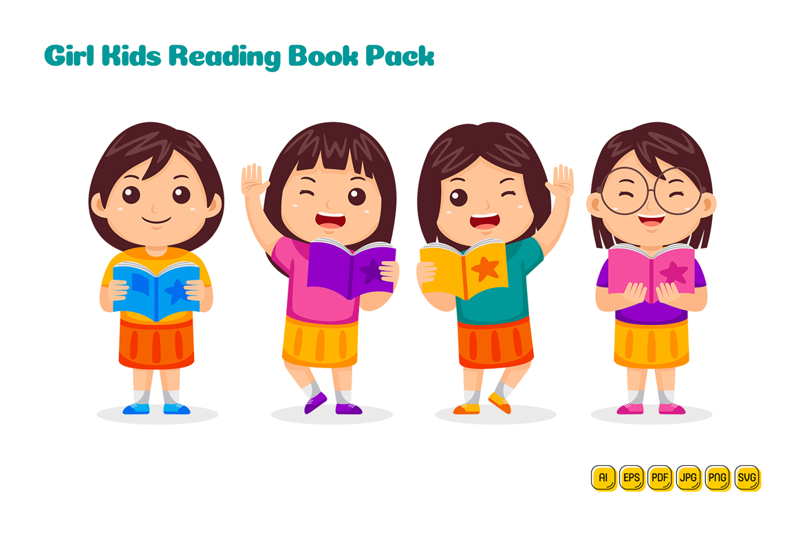 Girl Kids Reading Book Vector Pack #01