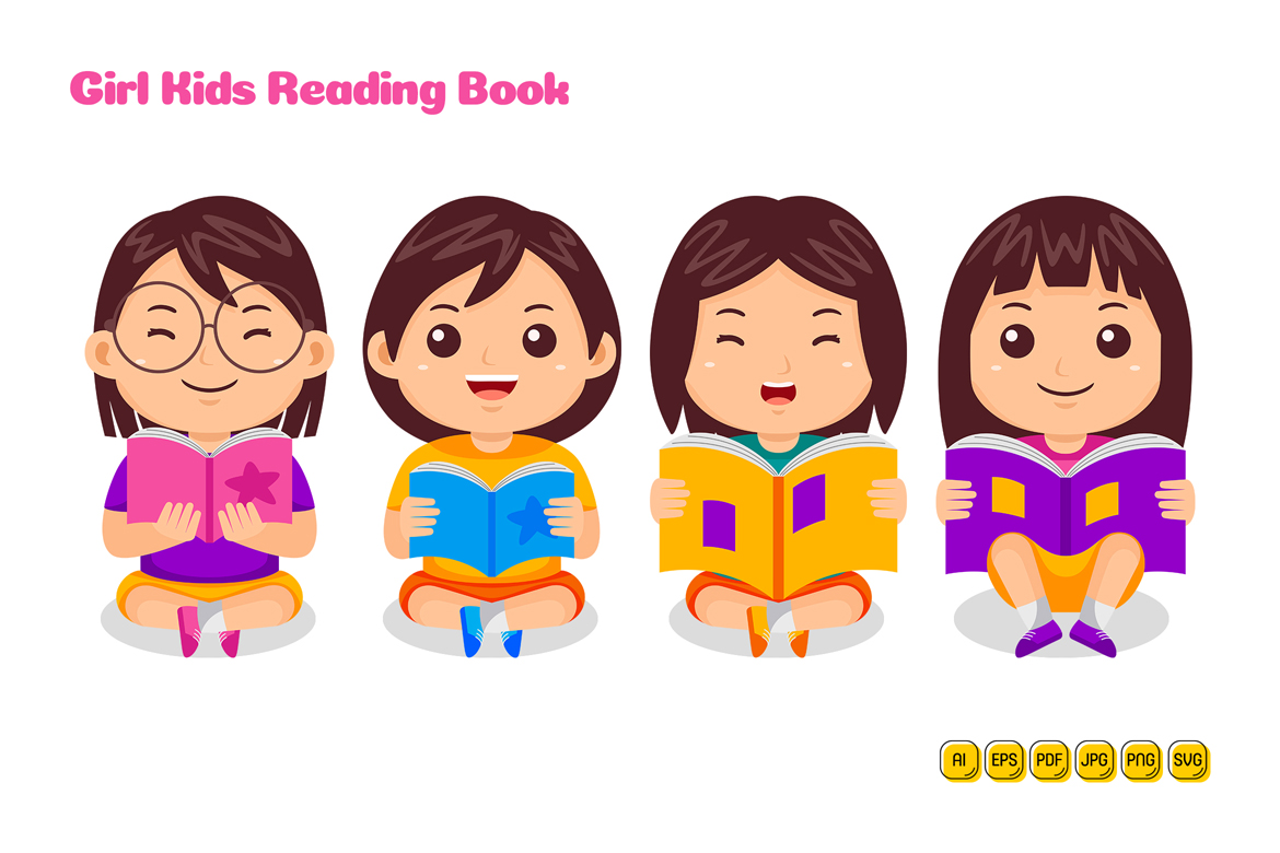 Girl Kids Reading Book Vector Pack #03