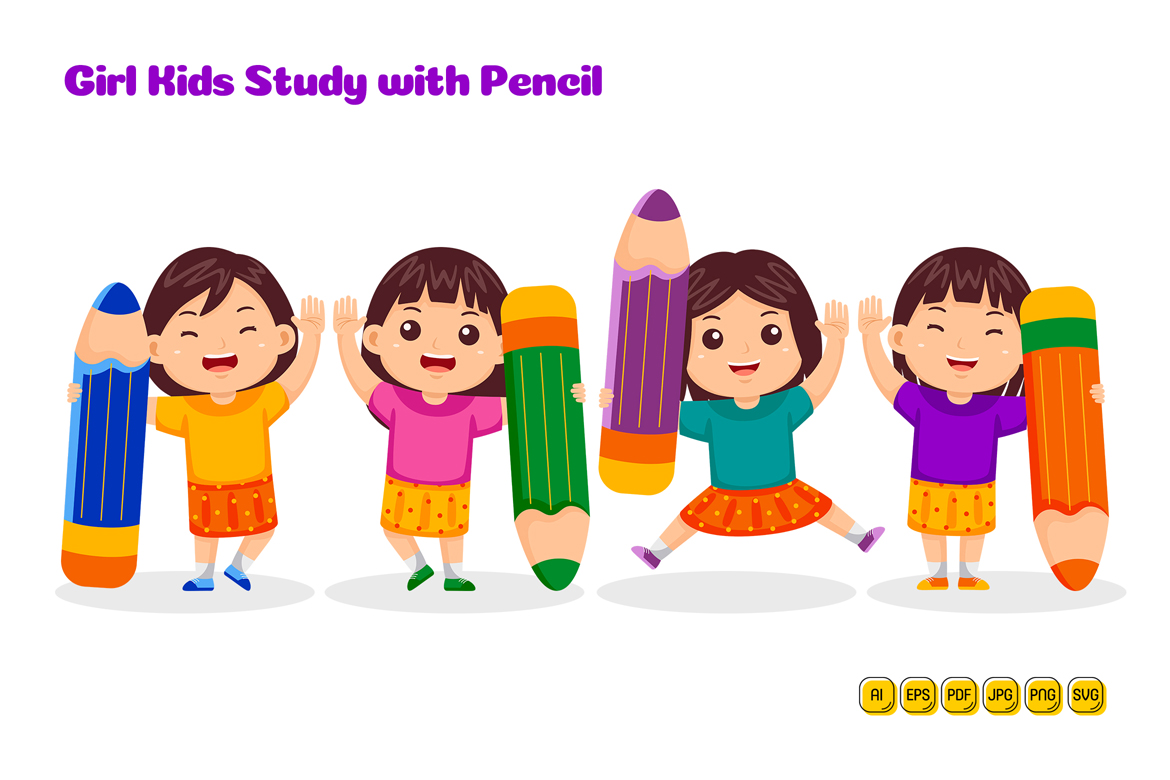 Girl Kids Study with Pencil Vector Pack #01