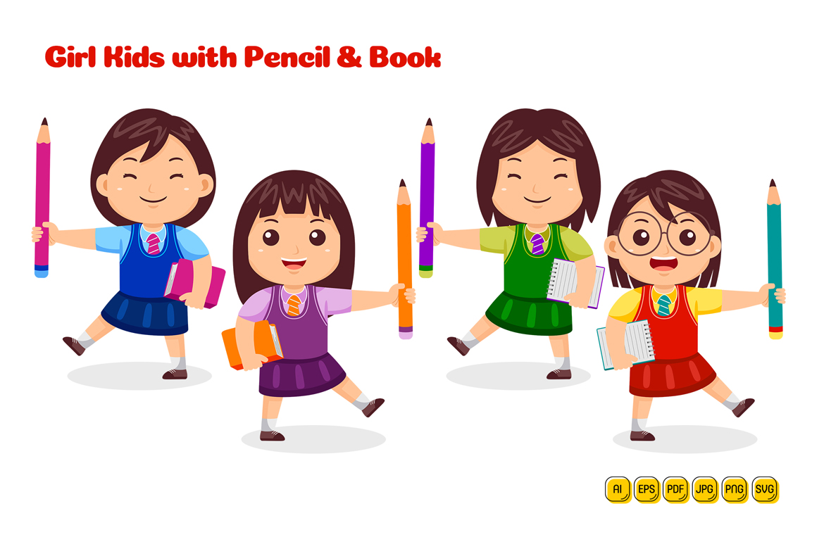 Girl Kids with Pencil and Book Vector Pack #01
