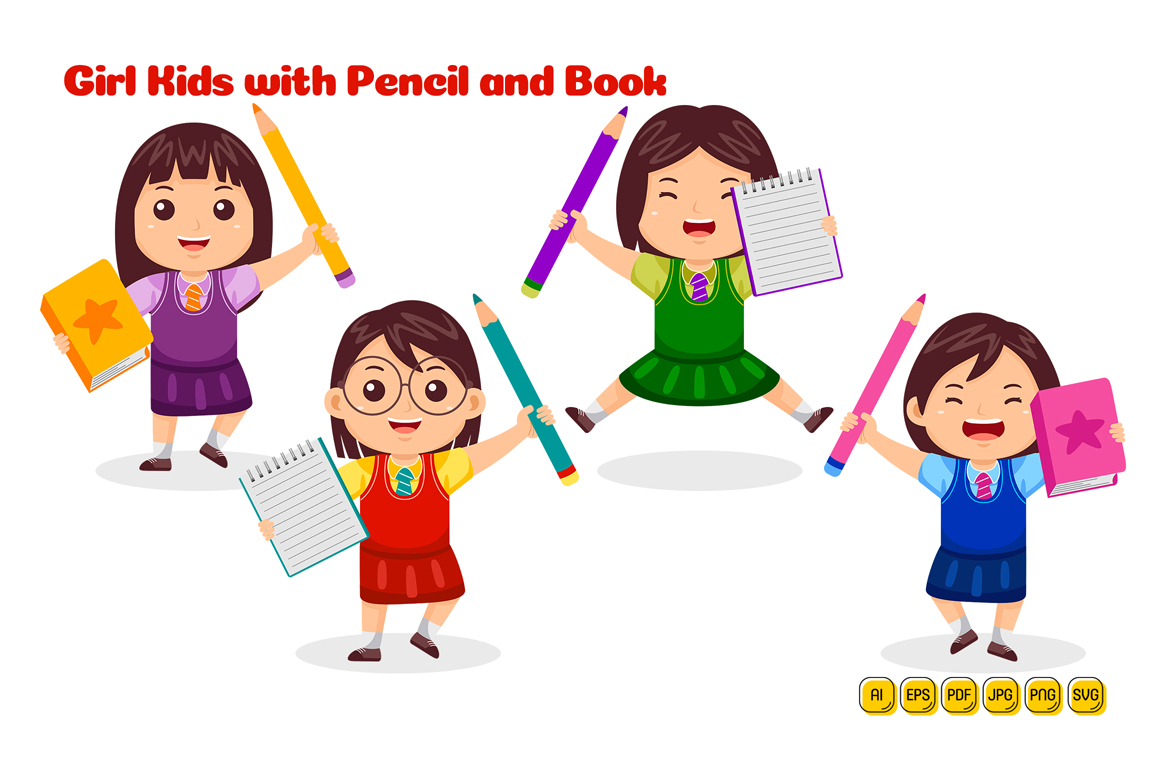 Girl Kids with Pencil and Book Vector Pack #02