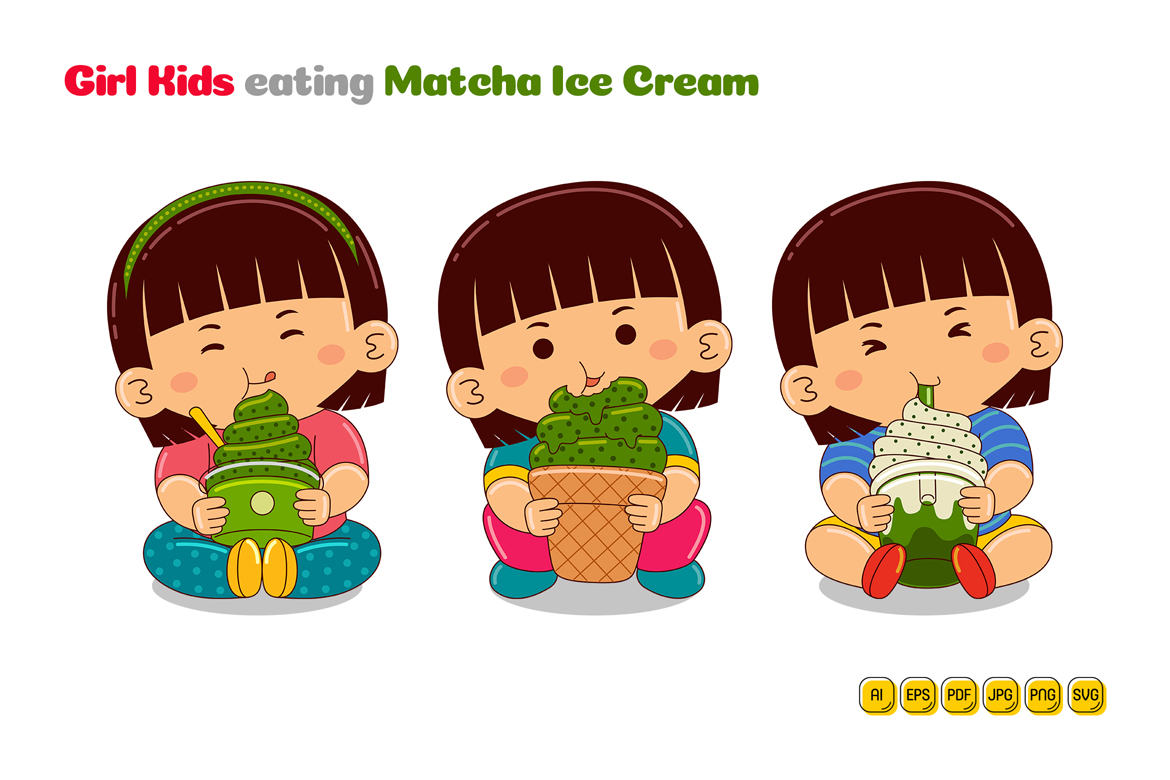 Girl Kids eating Matcha Ice Cream