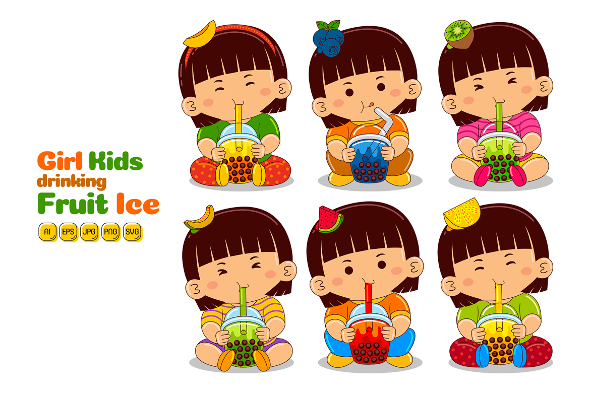 Girl Kids drinking Fruit Ice Vector Pack #01