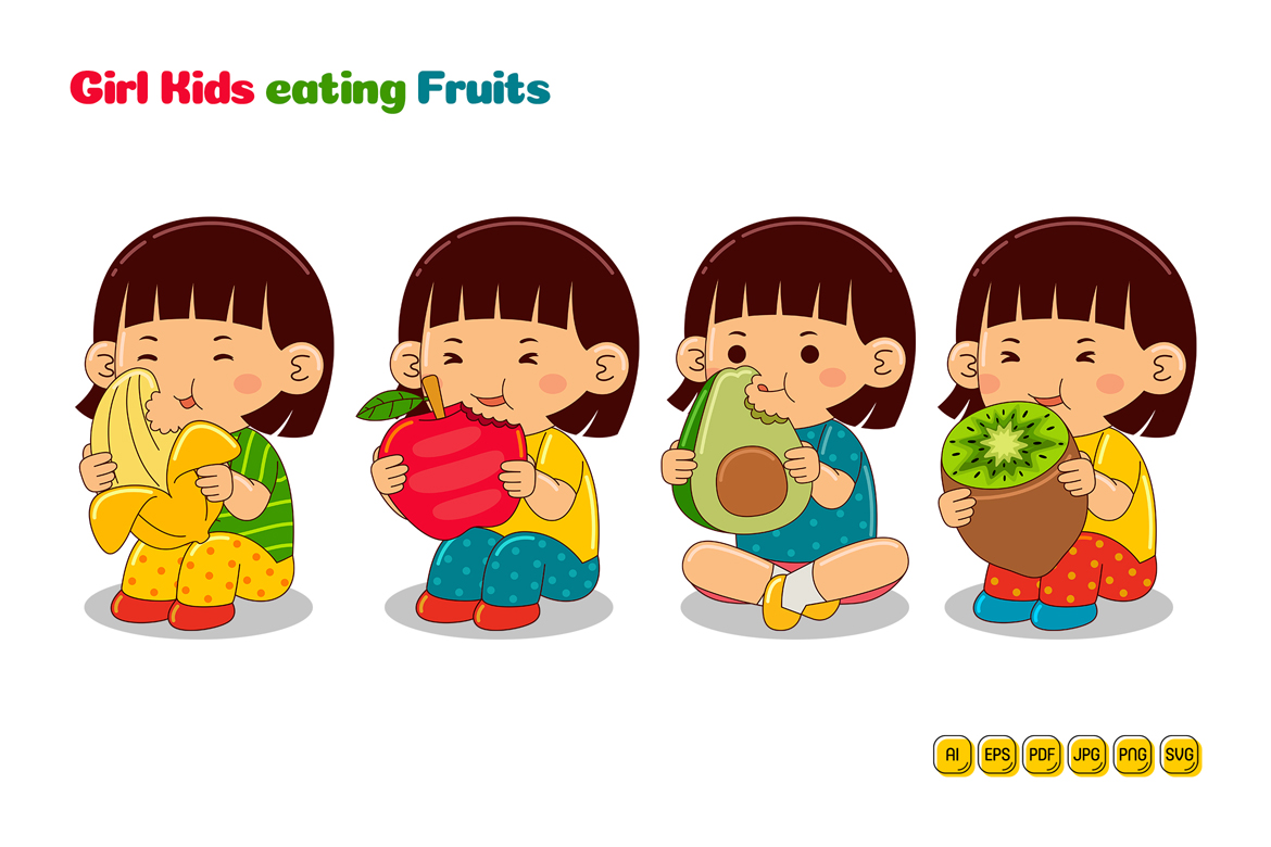 Girl Kids eating Fruits Vector Pack #01