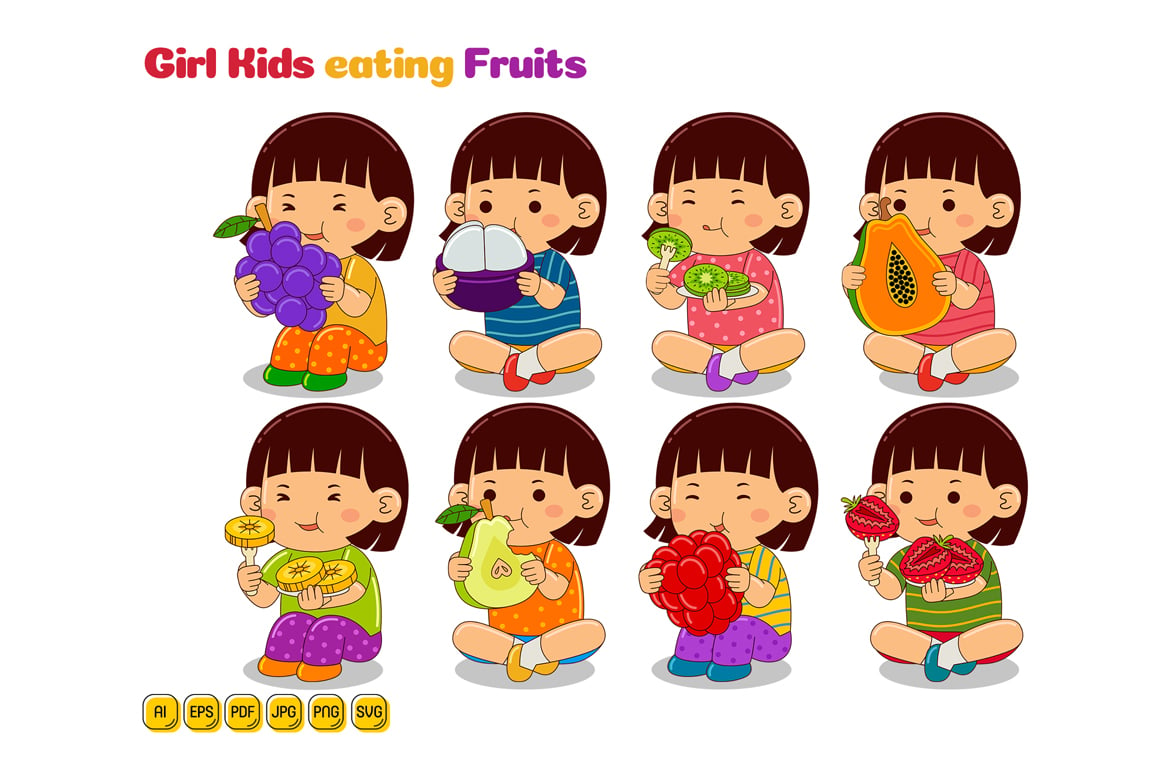 Girl Kids eating Fruits Vector Pack #02