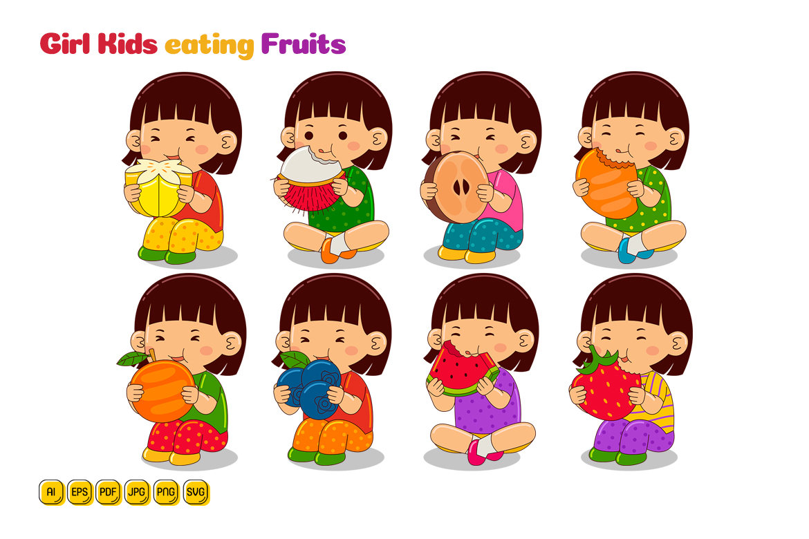 Girl Kids eating Fruits Vector Pack #03