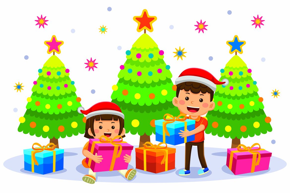Kids Get Christmas Gifts Vector Illustration