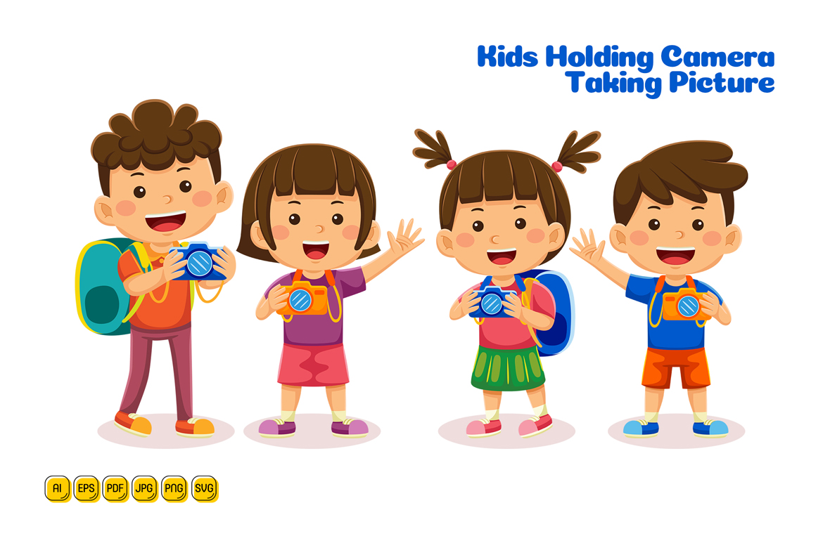 Kids holding Camera taking Picture Vector Illustration 01