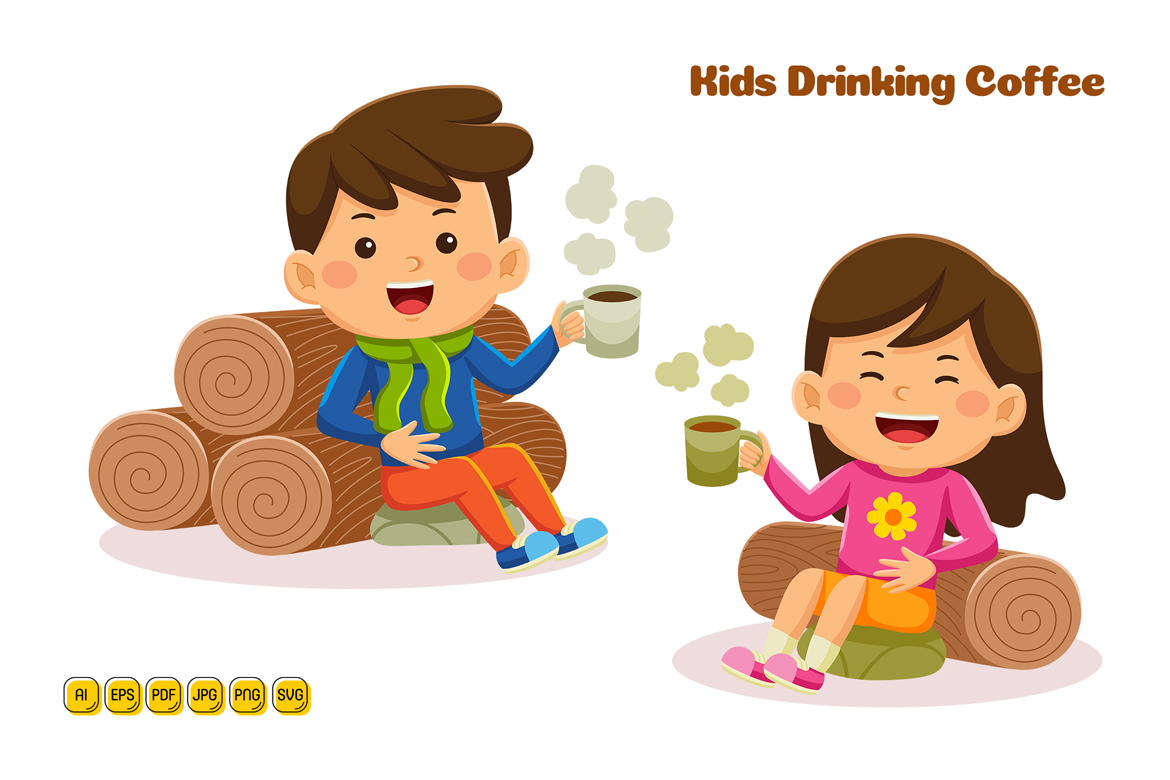 Kids Drinking Coffee Vector Illustration 01