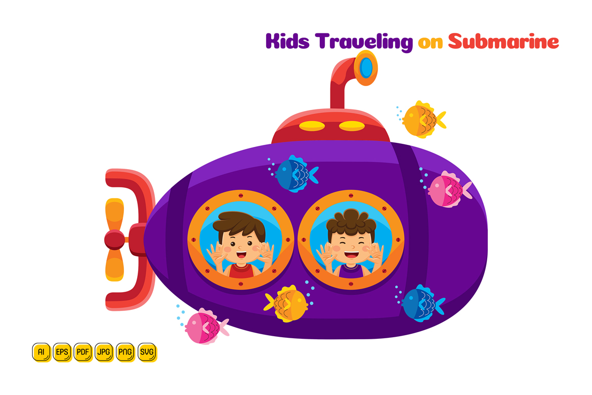 Kids Traveling on Submarine Vector Illustration 01