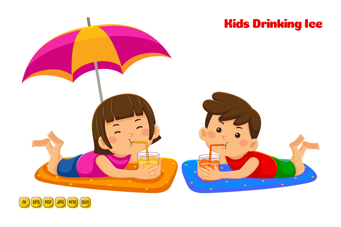 Kids Drinking Ice Vector Illustration 01