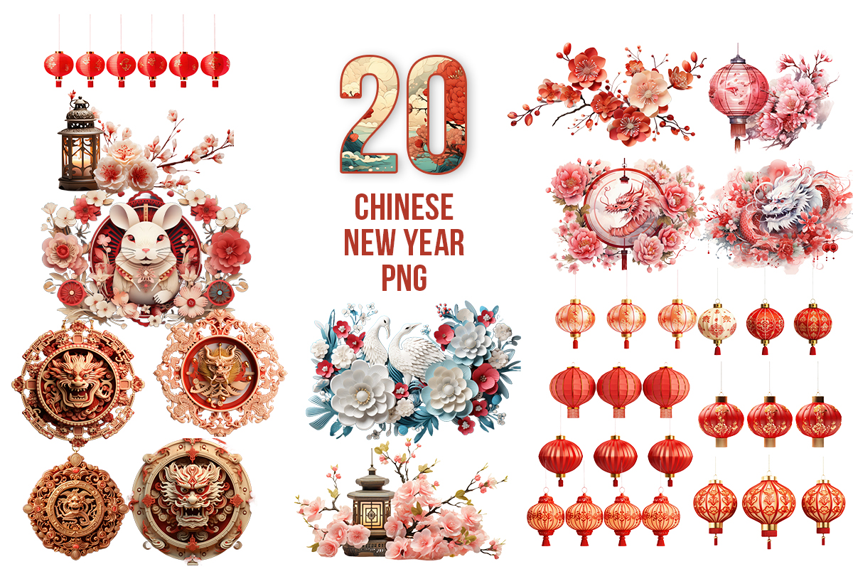 Happy Chinese new year dragon, lantern and flowers elements transparent background