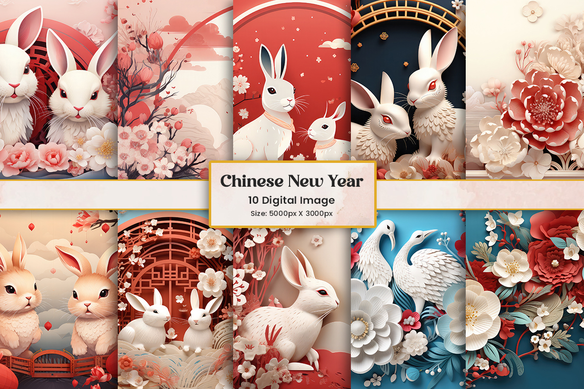 Happy Chinese New Year Background Bundle and Traditional chinese texture digital paper