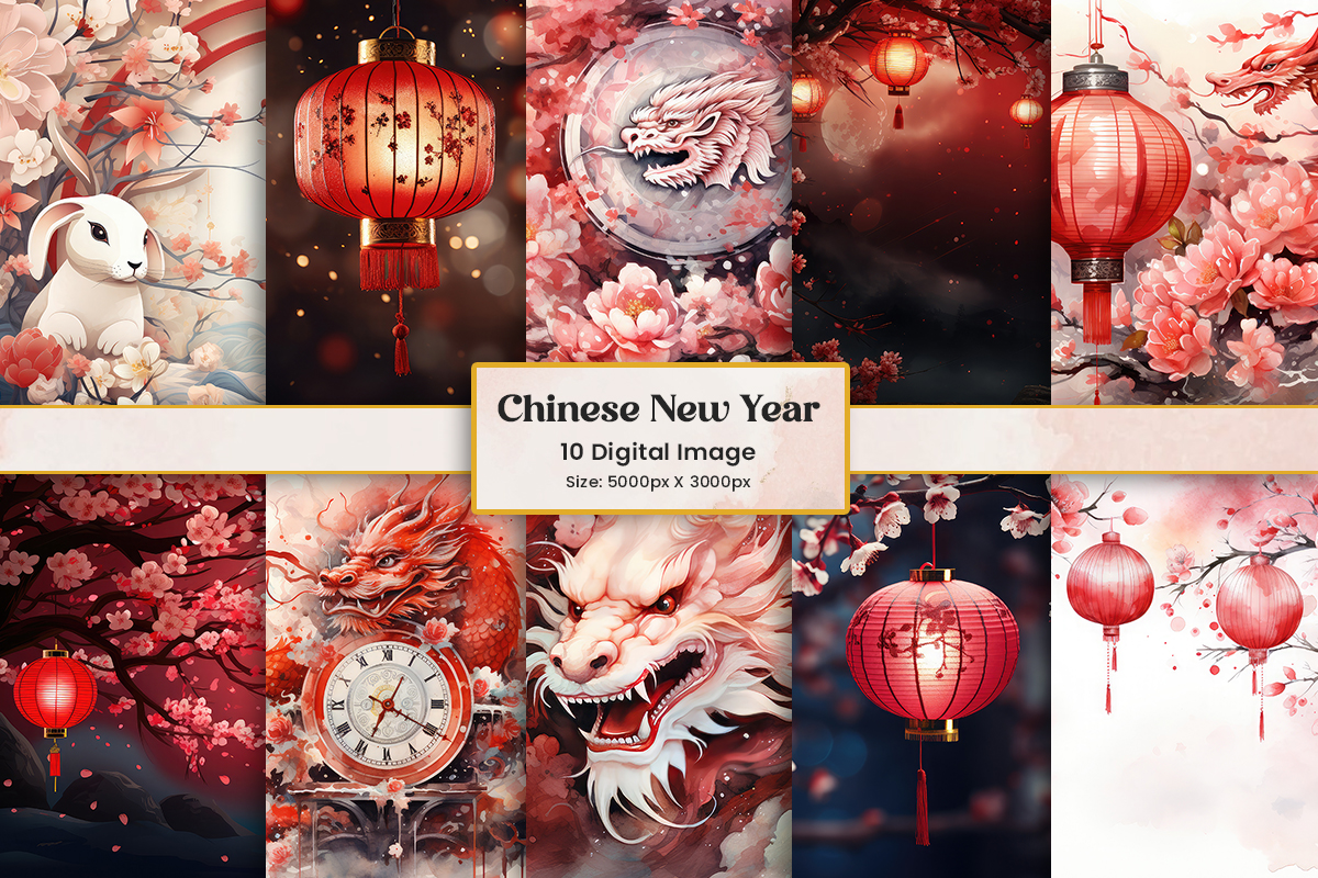 Chinese New Year Background Set, Colorful lantern, dragon Chinese Style festival decorative texture