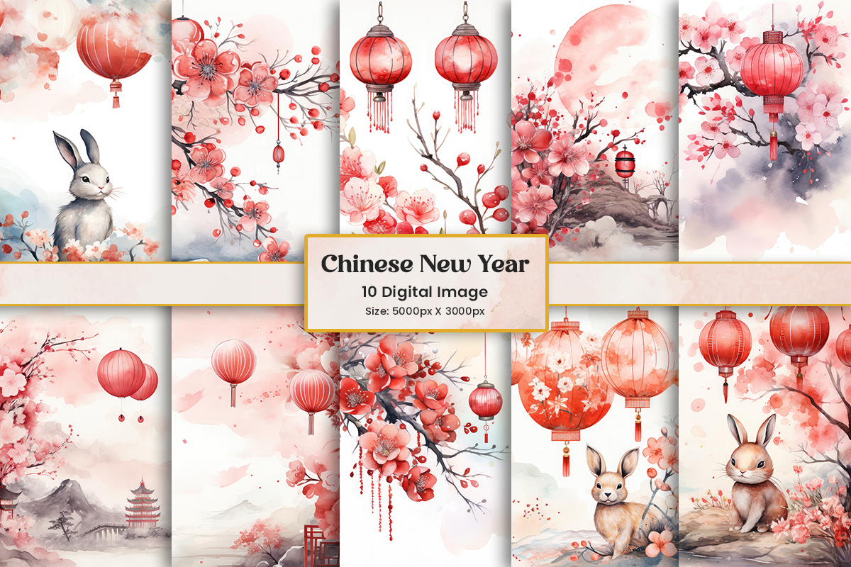 Happy Chinese New Year Flower Background Bundle with lantern and Watercolor chinese digital paper