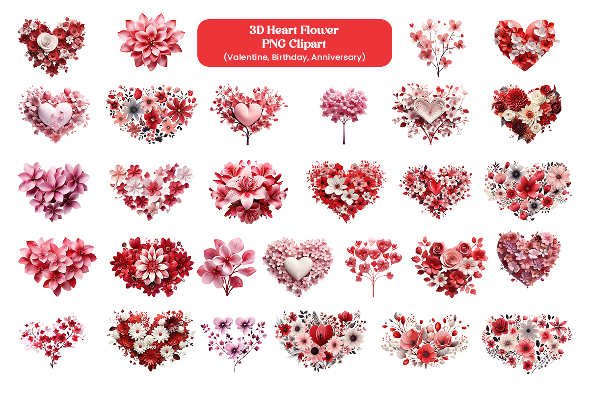 Set of Valentine red and pink heart shape flower decoration isolated on transparent background