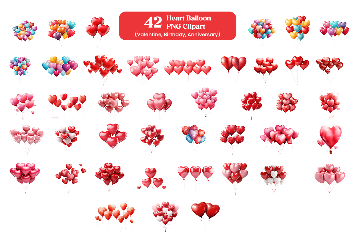 Set of Valentine red and pink heart shape balloon decoration transparent background