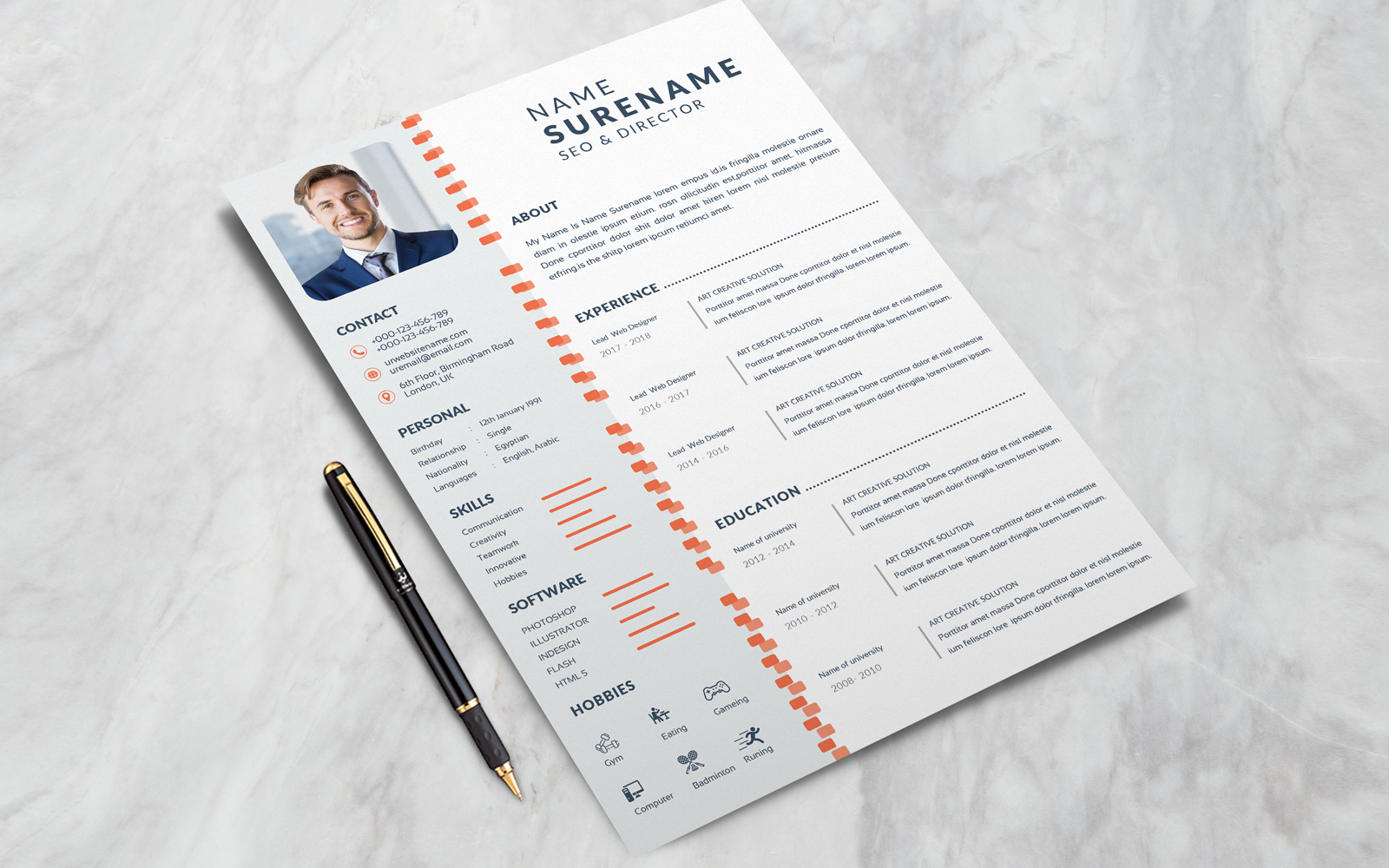 Corporate resume curriculum Layout with White Accents