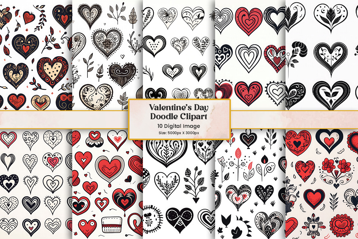 Valentines day doodle, heart love sticker clipart set