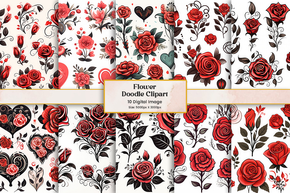 Rose flower doodle sticker clipart, Floral elements pattern decoration isolated on white background