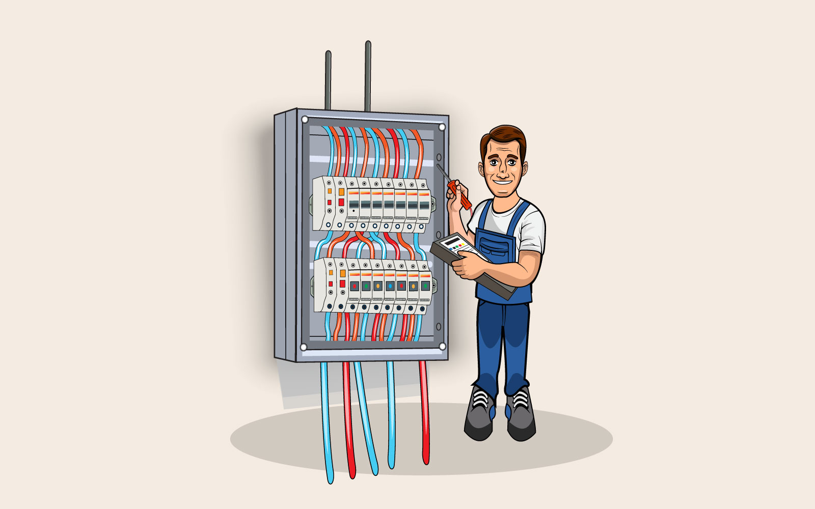 Electrician checking breaker switch box vector illustration
