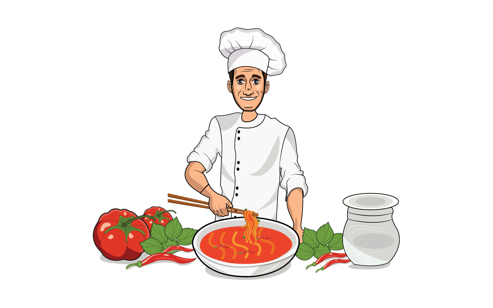 Happy chef cooking noodles soup with chopsticks cartoon art illustration.