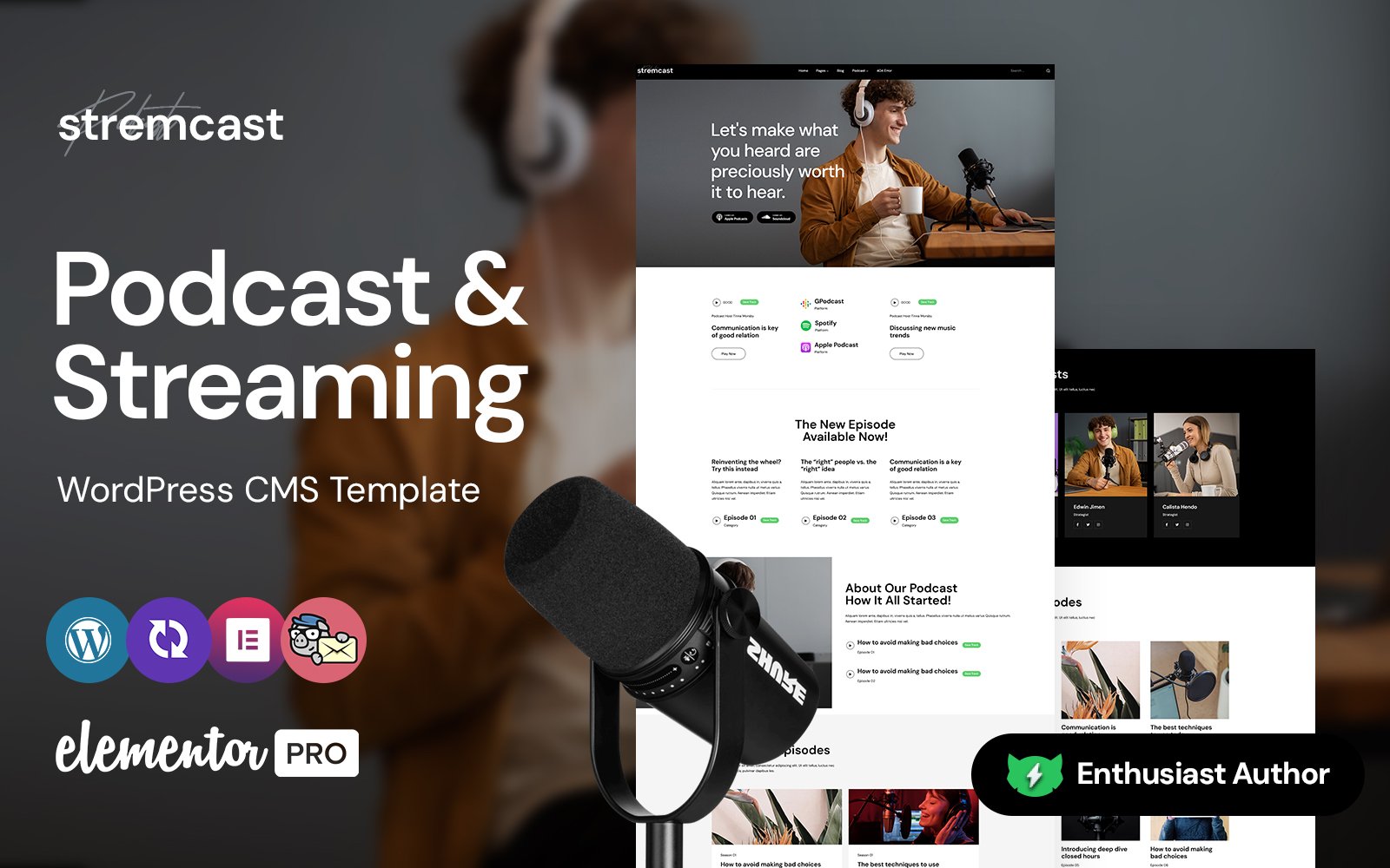 Stremcast -  Podcast, FM Radio And Streaming Multipurpose WordPress Elementor Theme