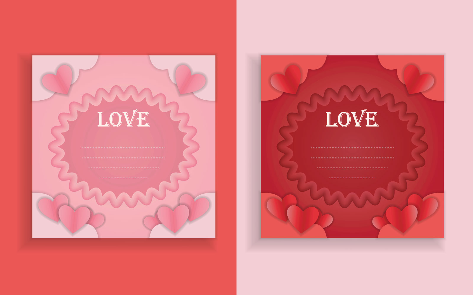 Shiny red and pink love greeting cards with hearts illustration