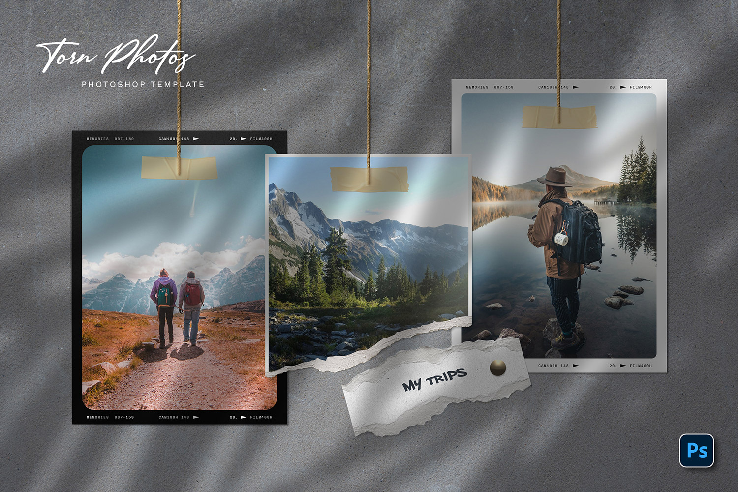 Torn Photos on Threads Photoshop Template