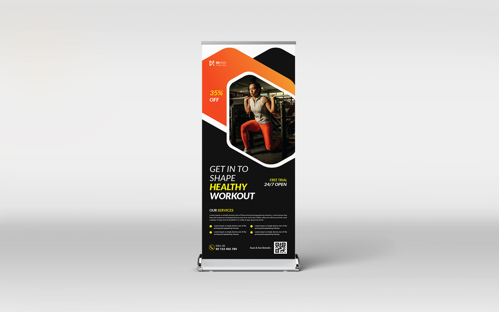 Gym fitness center roll-up banner design template