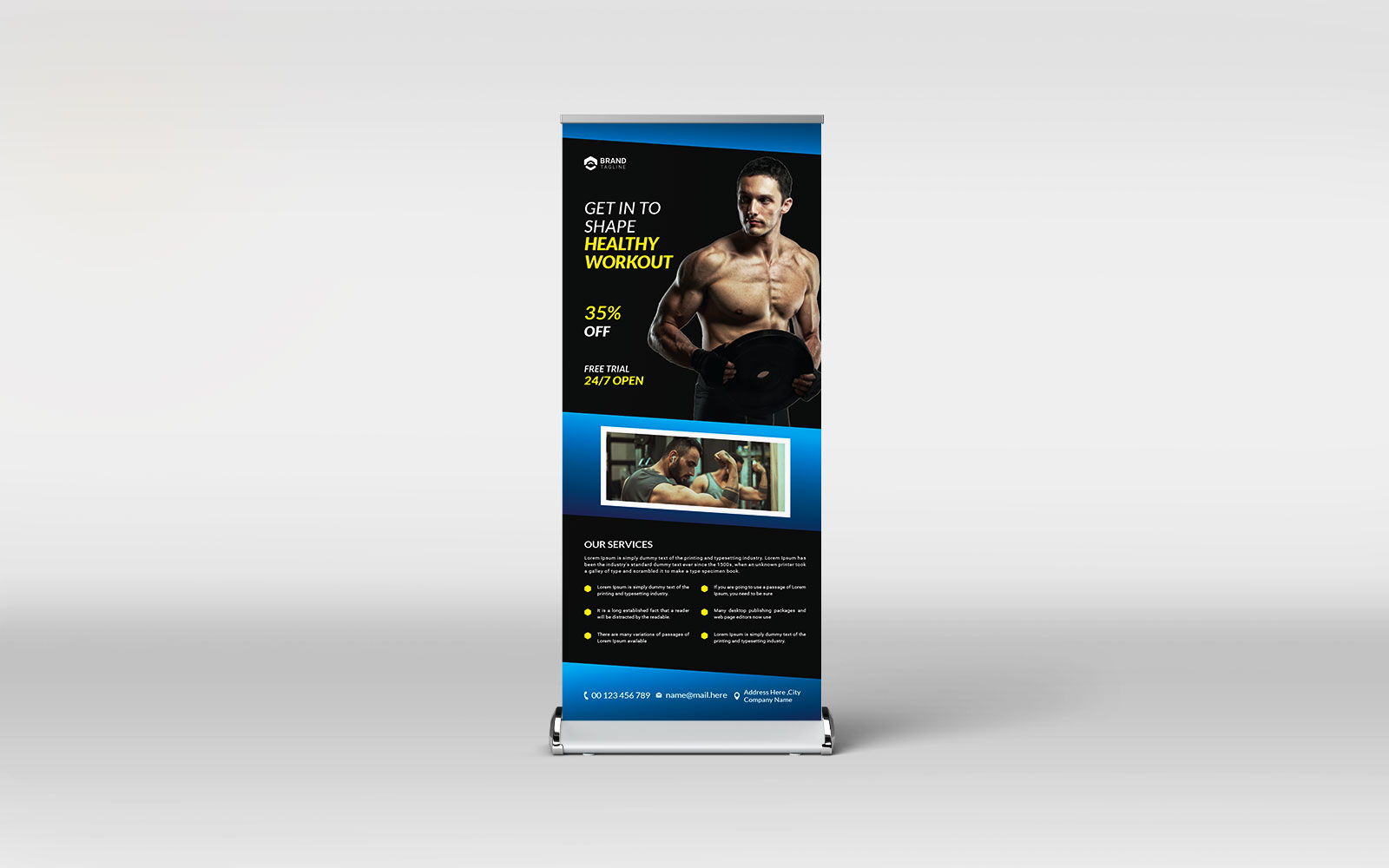 Gym fitness roll-up banner design template
