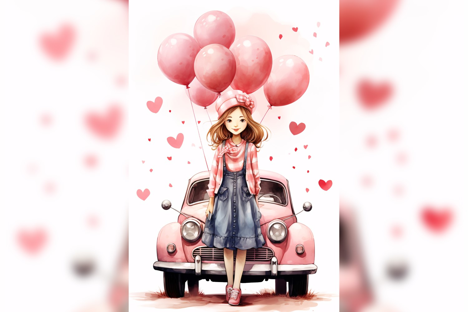 Girl on Pink Retro car with Pink Balloon Celebrating Valentine day 02