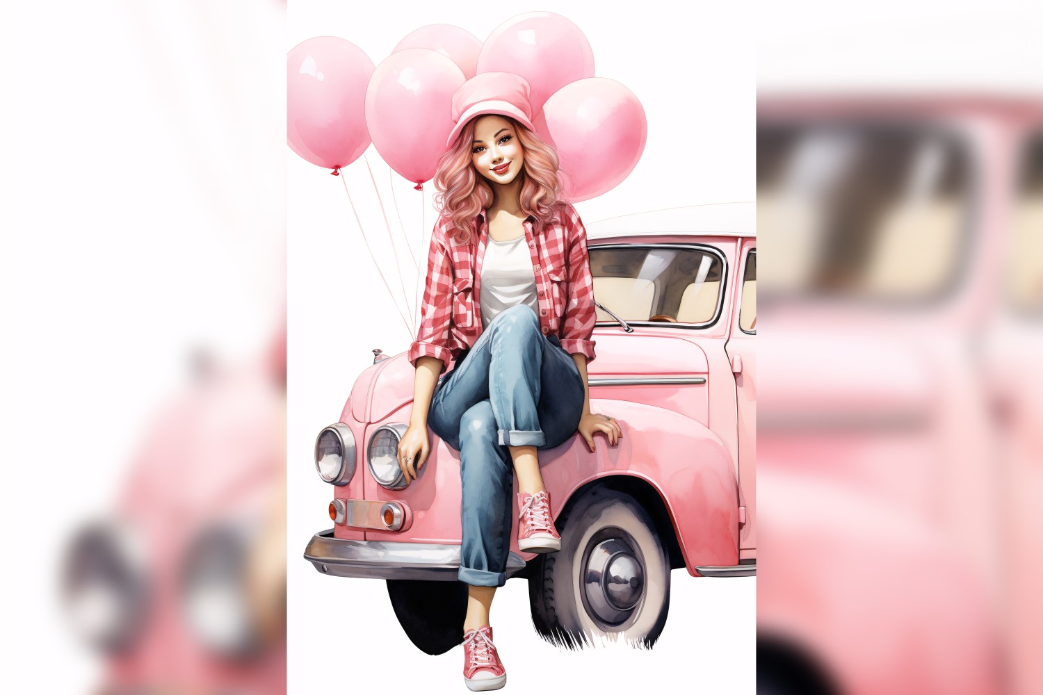 Girl on Pink Retro car with Pink Balloon Celebrating Valentine day 03