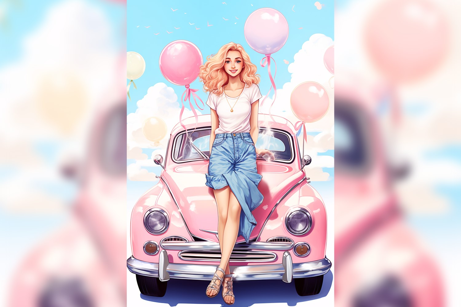 Girl on Pink Retro car with Pink Balloon Celebrating Valentine day 04