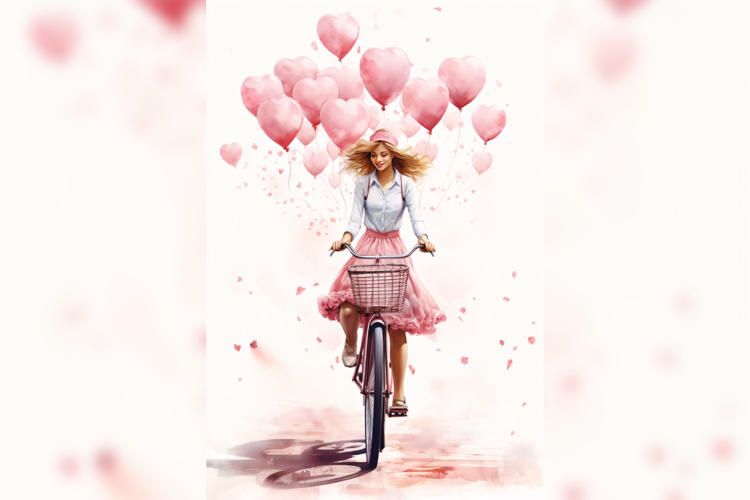 Girl on Cycle with Pink Balloon Celebrating Valentine day 02