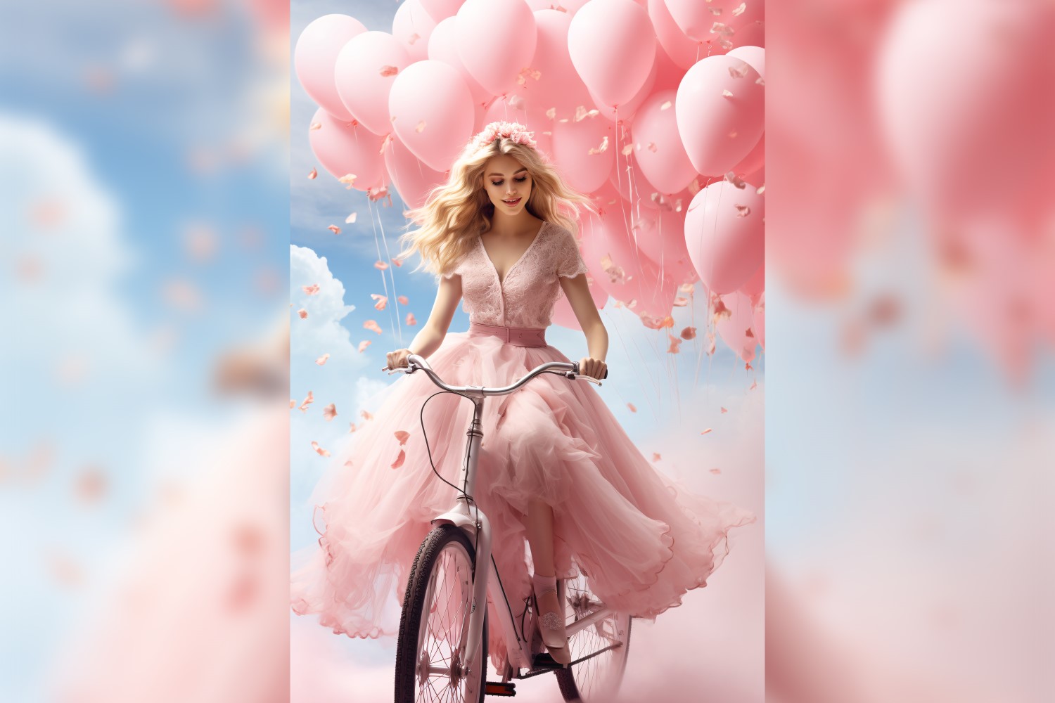 Girl on Cycle with Pink Balloon Celebrating Valentine day 03