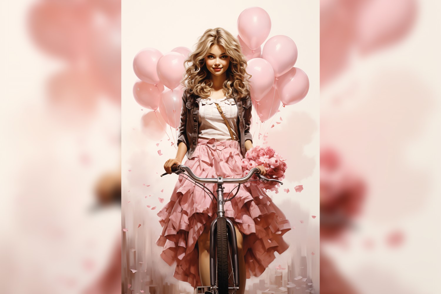 Girl on Cycle with Pink Balloon Celebrating Valentine day 05